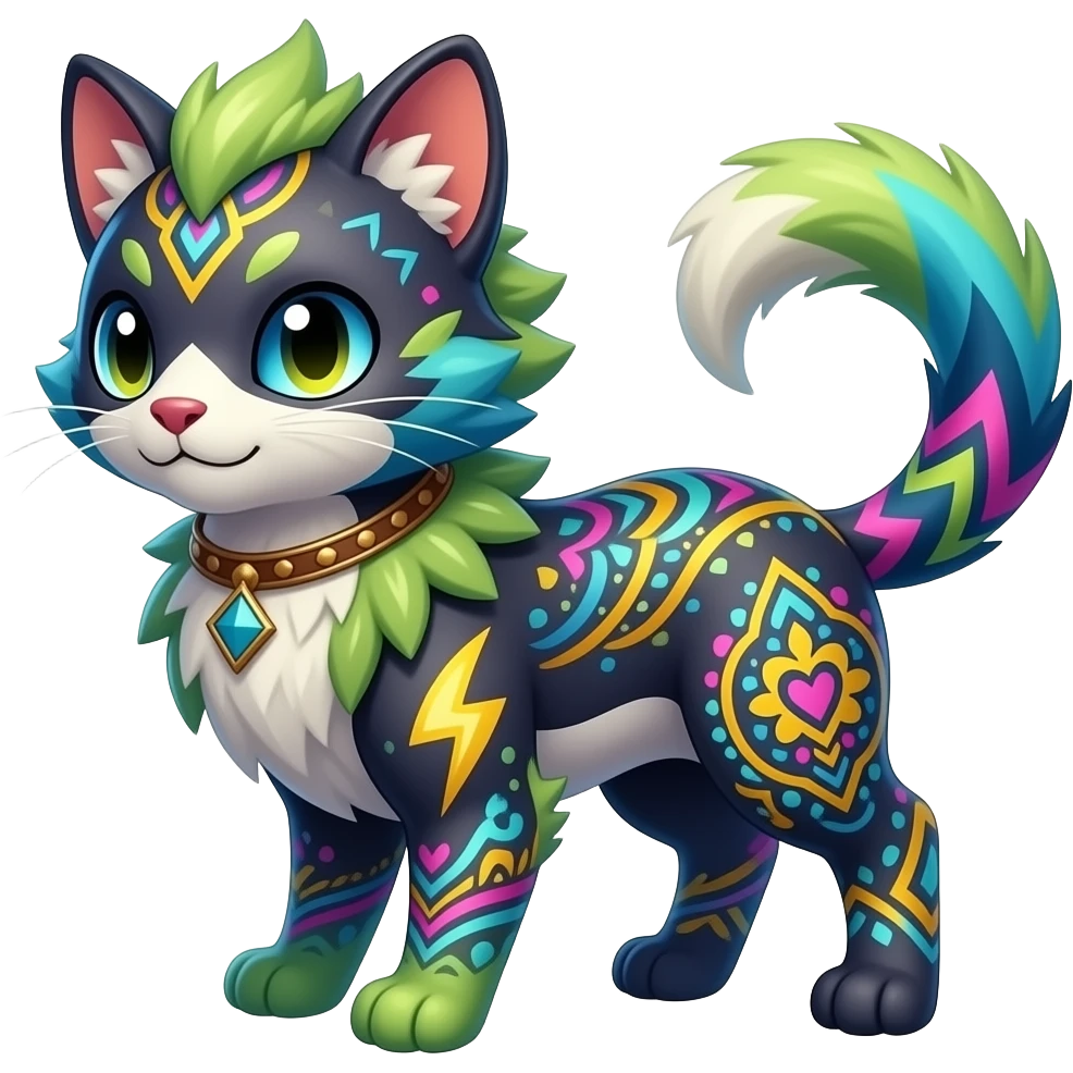 Colorful unique fantasy original shiny smooth soft flurry edgy cool Civet-Absol-Sprigatito-Vaporeon-Fakémon-hybrid with tribal chevron heart floral lightning bolt strikes damask paisley markings emoji