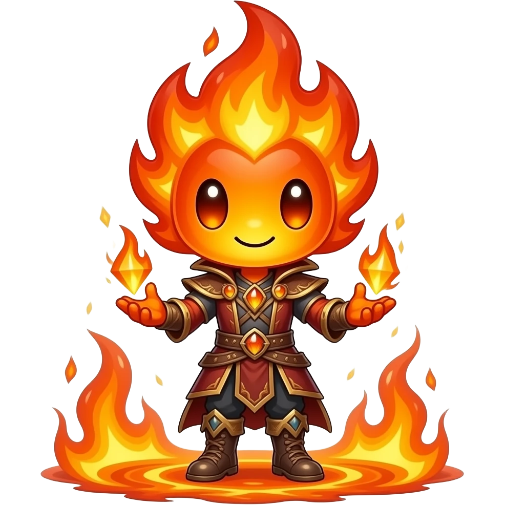 A magical ember mascot with a giant head and tiny body. It has glowing ...