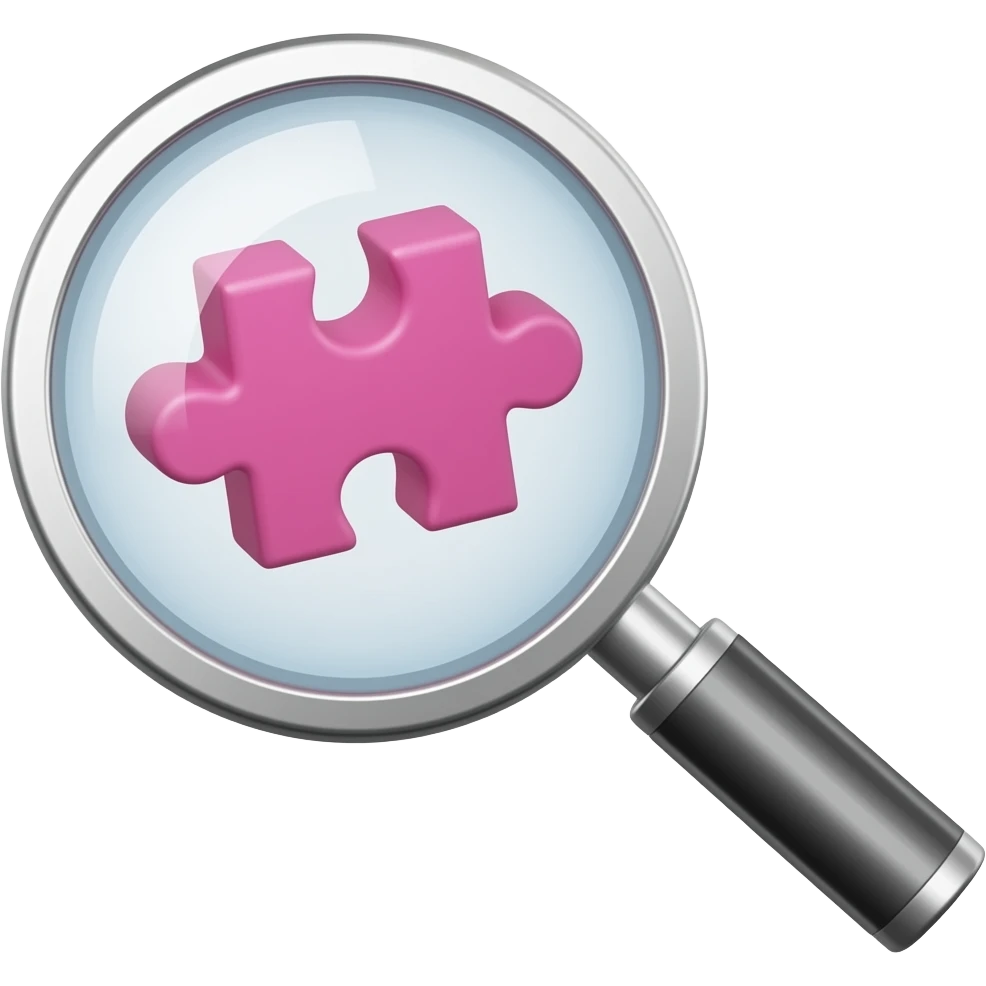 iOS style emoji icon: pink 3D puzzle piece being examined by a large magnifying glass. Isometric view. High gloss, rounded edges, metallic silver frame on the magnifying glass. Isolated on transparent background. emoji