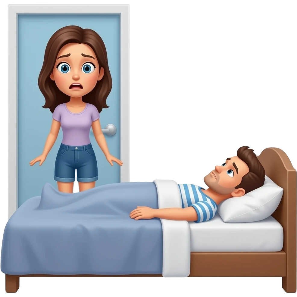 woman scared expressoion  by room door looking at husband sleeping in bed with same woman sleeping next to him emoji