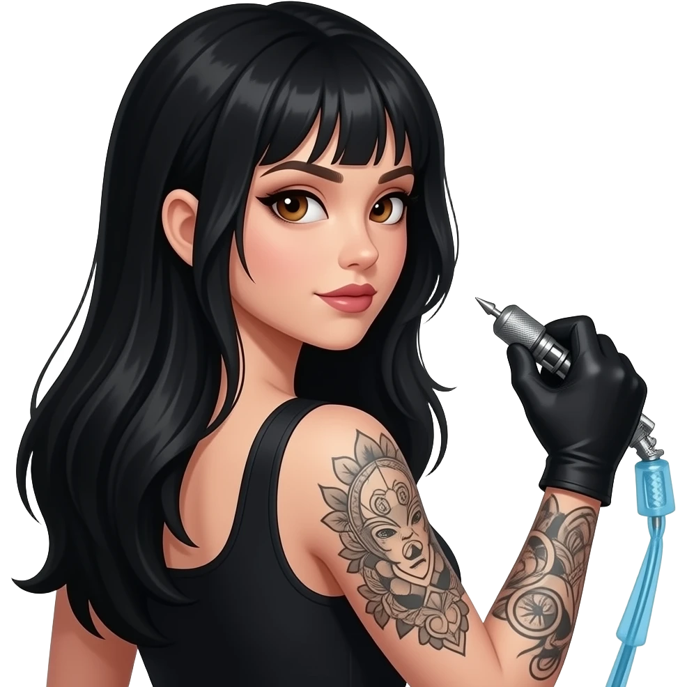 woman with dark brown eyes very long black hair with half a sleeve holding a tattoo machine facing back no glove emoji