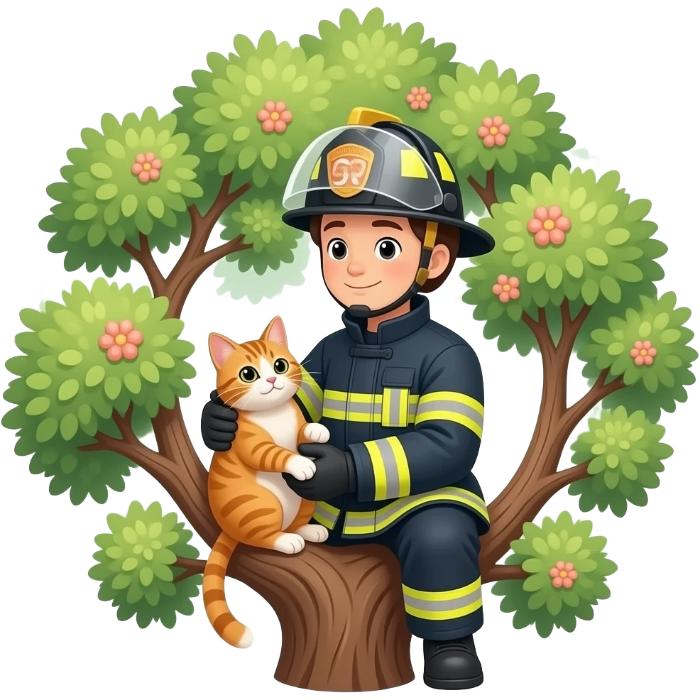 fire fighter hero saving cat from treecrown emoji