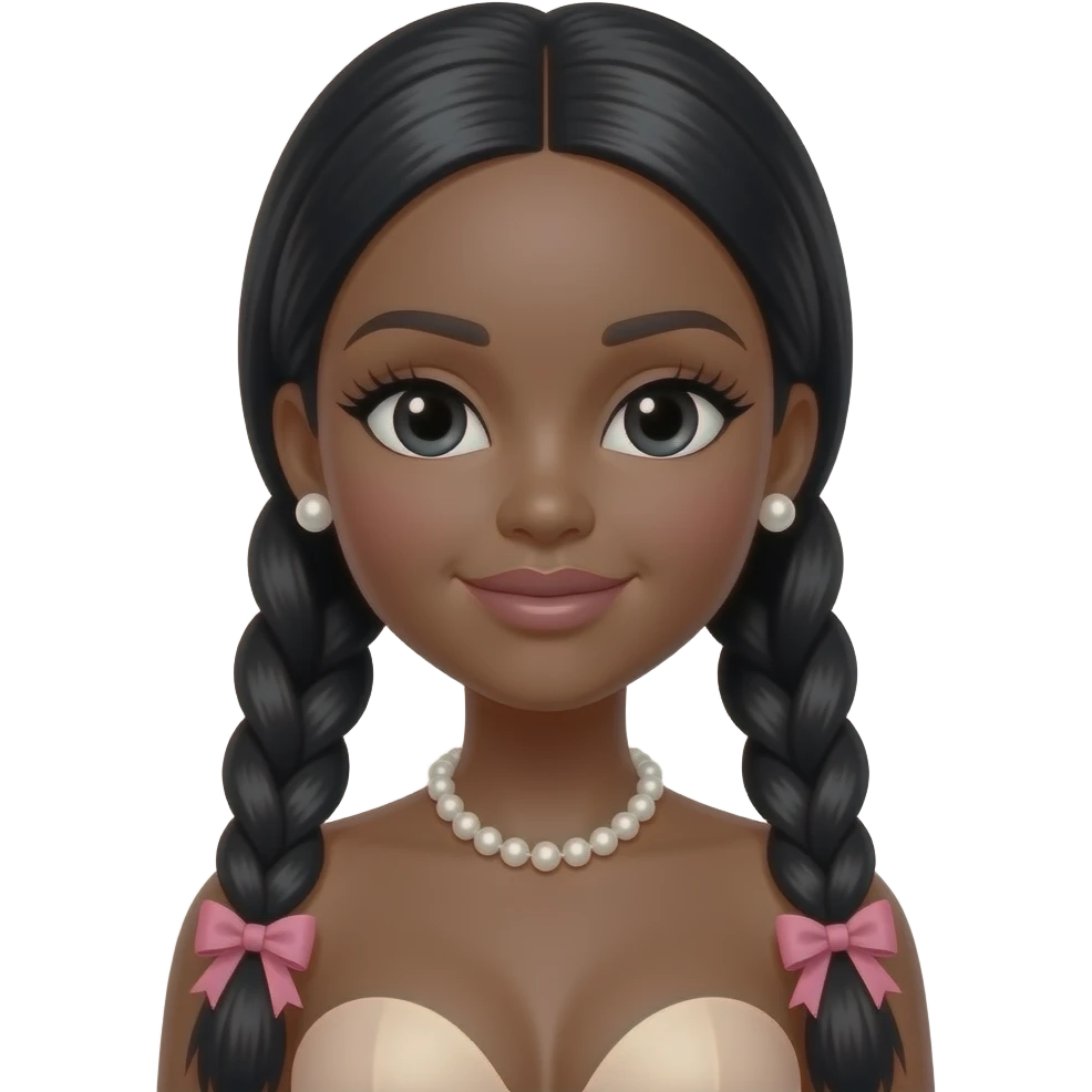 Long giant lashes,Doll faced shaped, pearl necklace, big Pearl earrings studs, bimbo, black doll eyes, barbie, dark brown skin,  black hair with long low braided pink bows,  big breast with no bra emoji