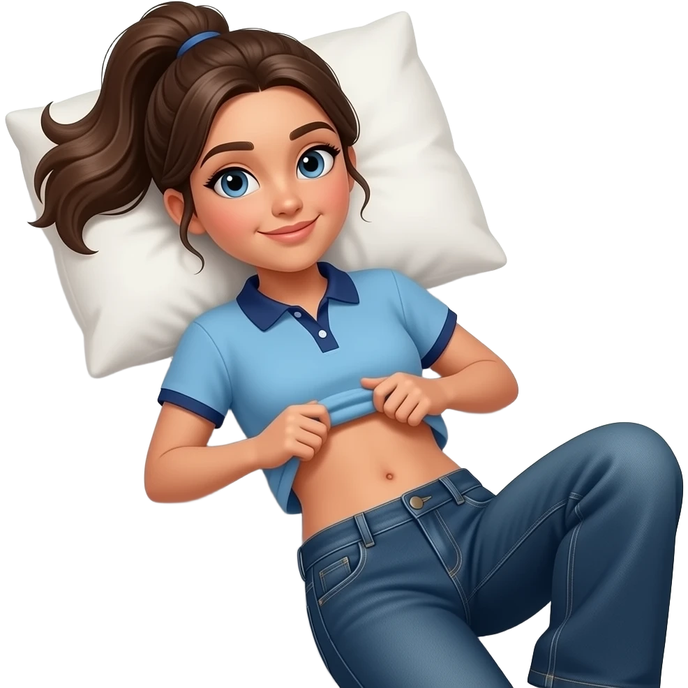 Hispanic girl with brown ponytail and blue eyes light blue and dark blue polo and dark blue baggy jeans and belly button laying down on her pillow on her bed showing her  lifting her shirt belly rolling emoji