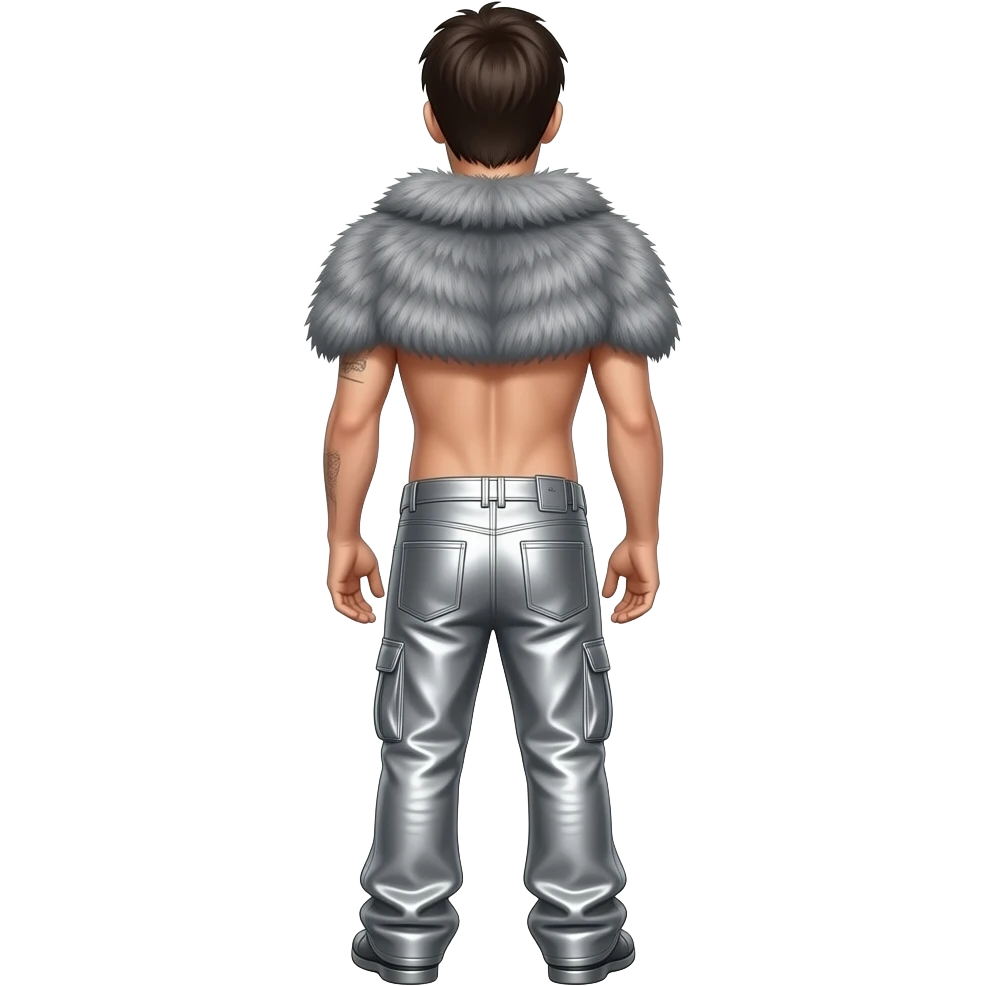 Bill Kaulitz from behind with grey fur shawl, silver metallic saggy pants, shirtless emoji