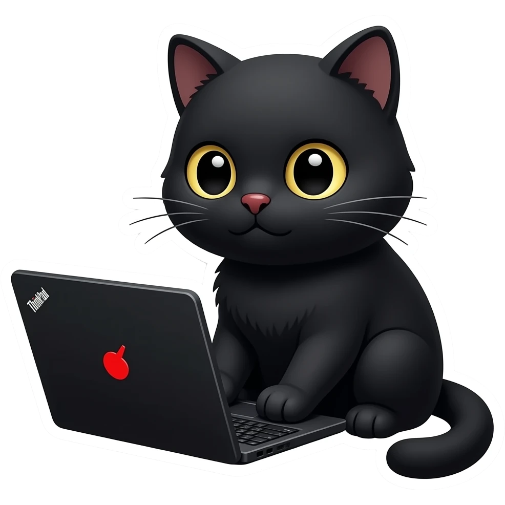 An emoji-style digital sticker of a cute black Scottish Fold cat with ...