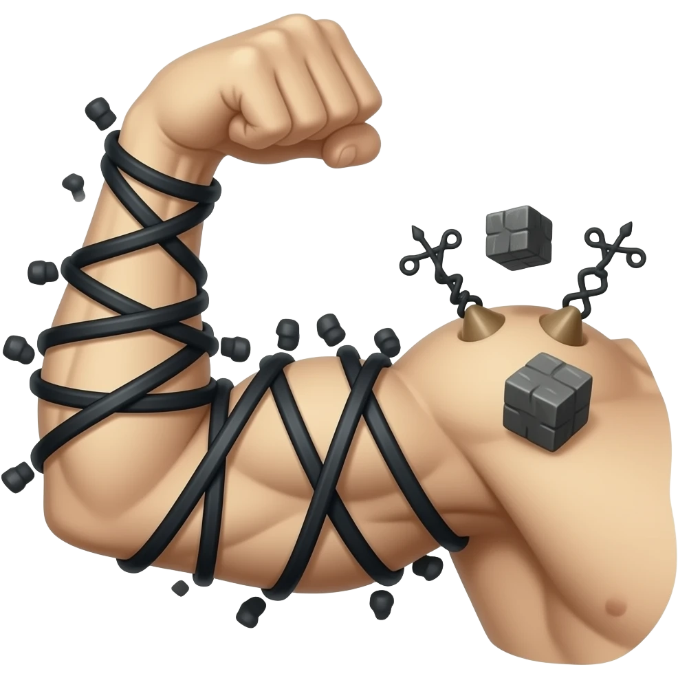 Flexed bicep with black phylacteries with stapes coming out of it, spiral wrapped around the arm with the black phylacteries cube on the top of the bicep💪➰⬛️ emoji