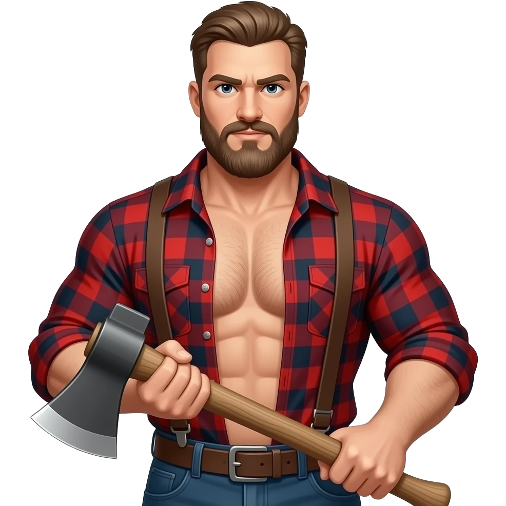 Erstelle ein Portrait von einem muskulösen nackten Mann typische Aussehenden Lumberjack, er ist sehr behaarten, maskulinen Körper und Bart, seine Brust soll gut mit auf dem Bild zusehen sein und er hat eine Axt in der Hand und trägt Hosenträger und einem weit offenen rot kartierten Holzfällerhemd emoji