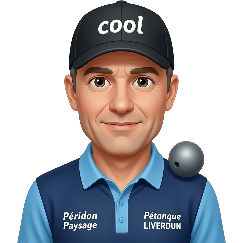 tête homme 60 ans sous casquette noire marquée "cool" avec boule de pétanque grise sur maillot bleu foncé avec col trois boutons bleu clair épaules bleu clair coté droit Pétanque LIVERDUN, côté gauche "Péridon Paysage" emoji
