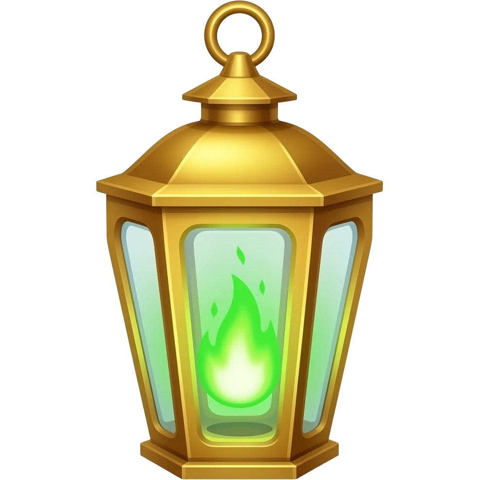 A gold hanging lantern with a bright  green flames, an empty loop on top, fae themed emoji