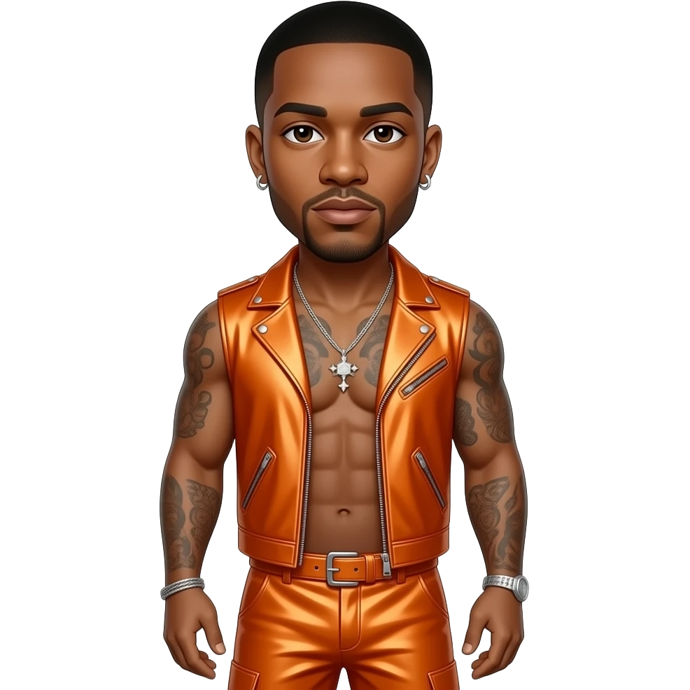 Trey Songz with dark brown eyes, black buzz cut hair, orange metallic vest, orange metallic baggy pants, shirtless with necklace and earrings emoji