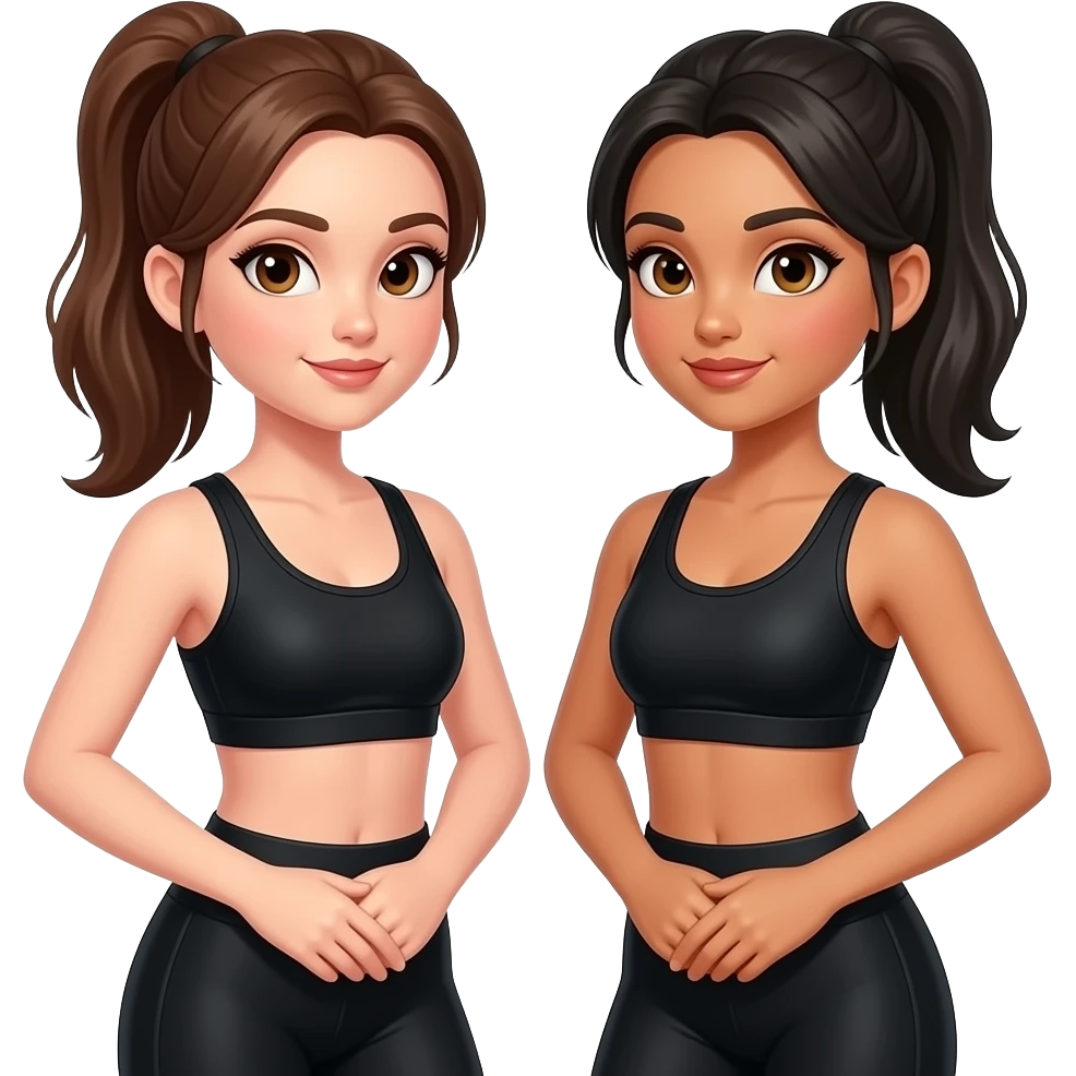 Girl dancers wearing black workout clothes, one with brown hair brown eyes and the other with darker hair and hazel eyes, both in ponytail, same skin tone emoji