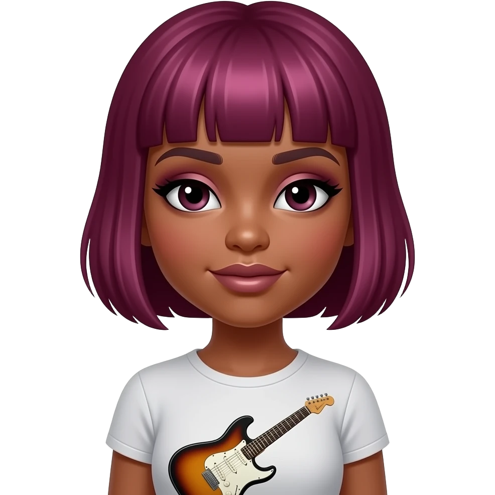 A black girl smoky eye make up dark pink hair, short hair, top with guitar on it emoji