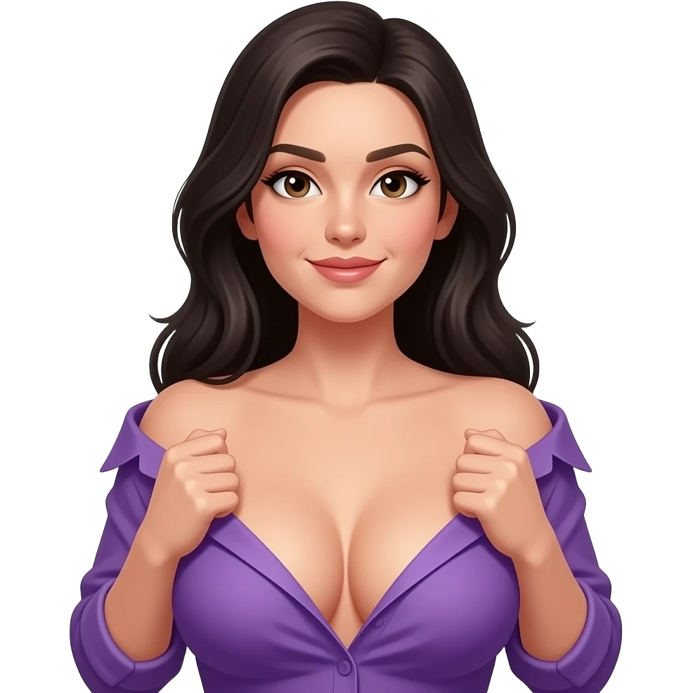Woman with dark hair, wearing a purple shirt shrugging, with her boobs fully visible nude emoji