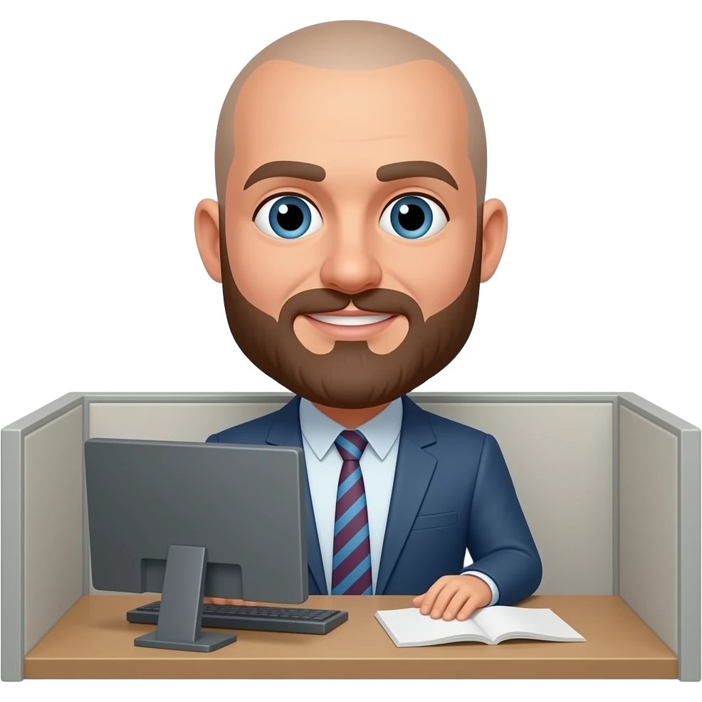 make an emoji of a bald guy with a brown beard standing on his desk in his cubicle emoji