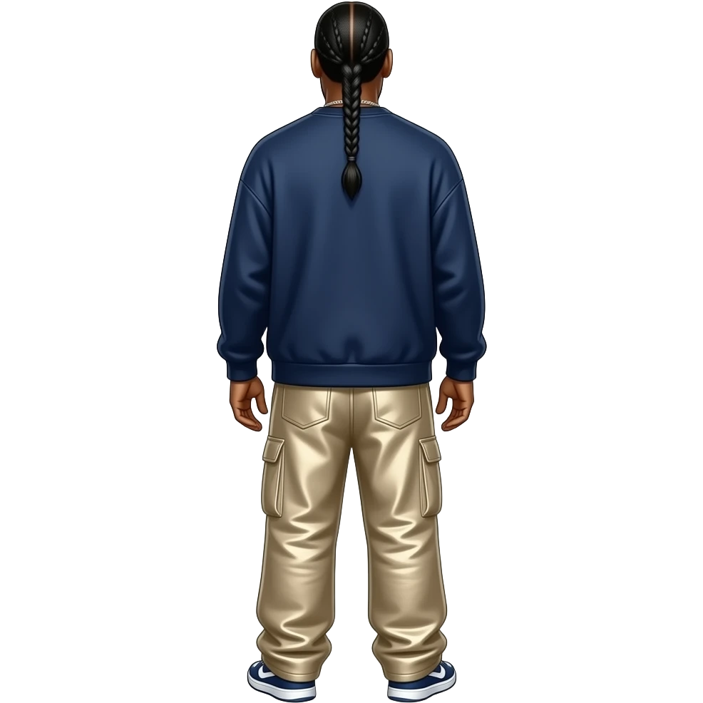 Snoop Dogg from behind with dark blue sweatshirt, beige metallic saggy pants emoji