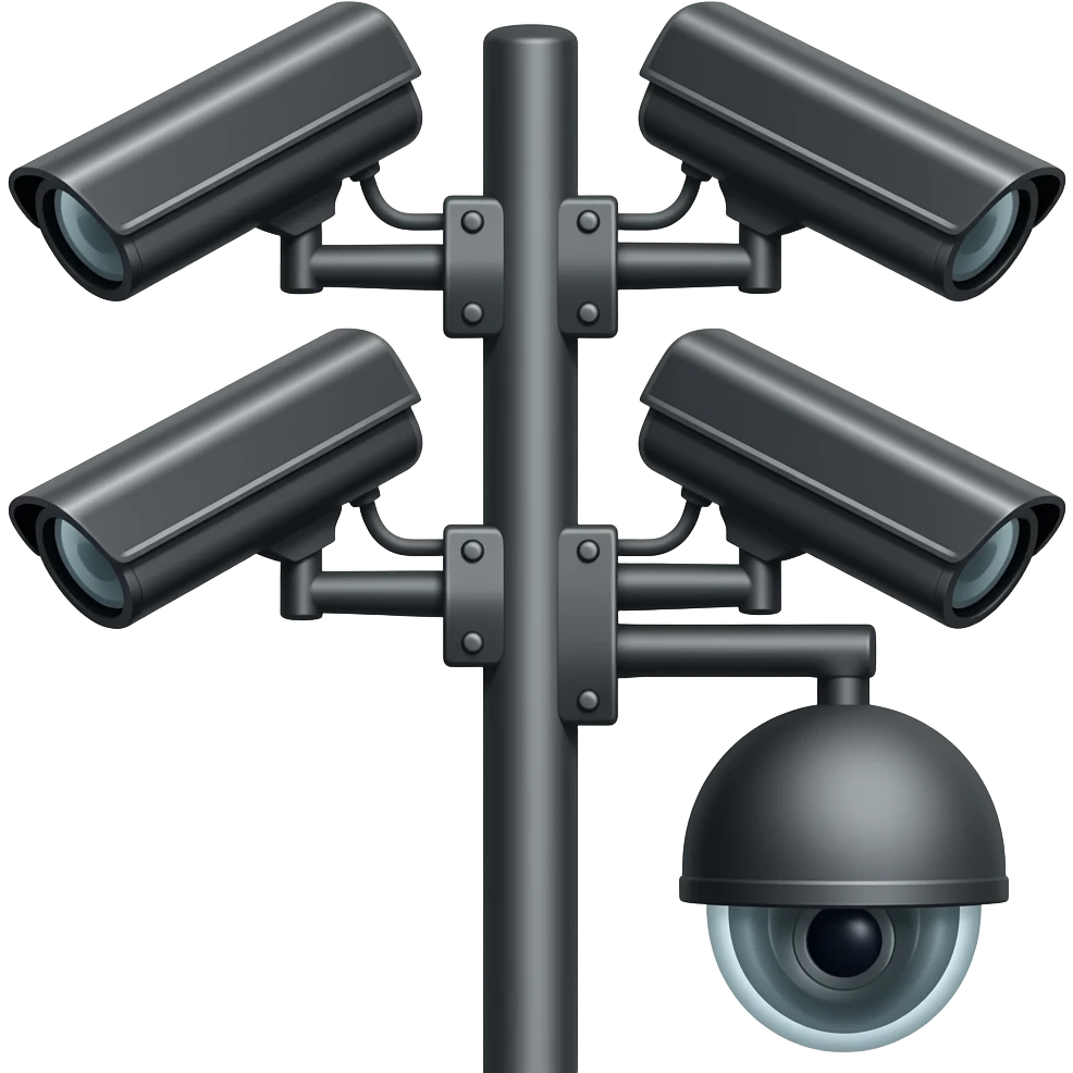 Five CCTV cameras on a pole with one dome camera on bottom black emoji