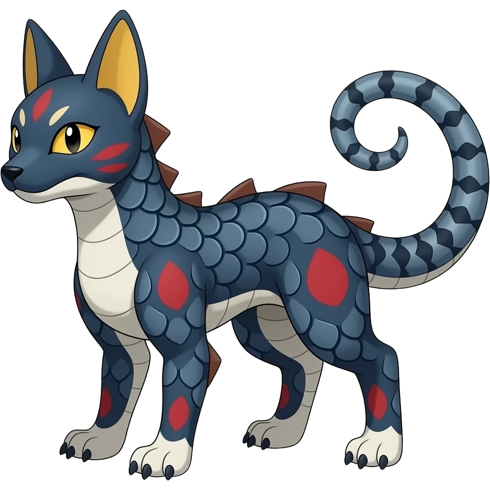 midnight scaly blue-gray-black, with red markings, white belly, scaley Bastet-Salandit-Noibat-Digimon-Fakémon-Pokémon-creature (full body) emoji