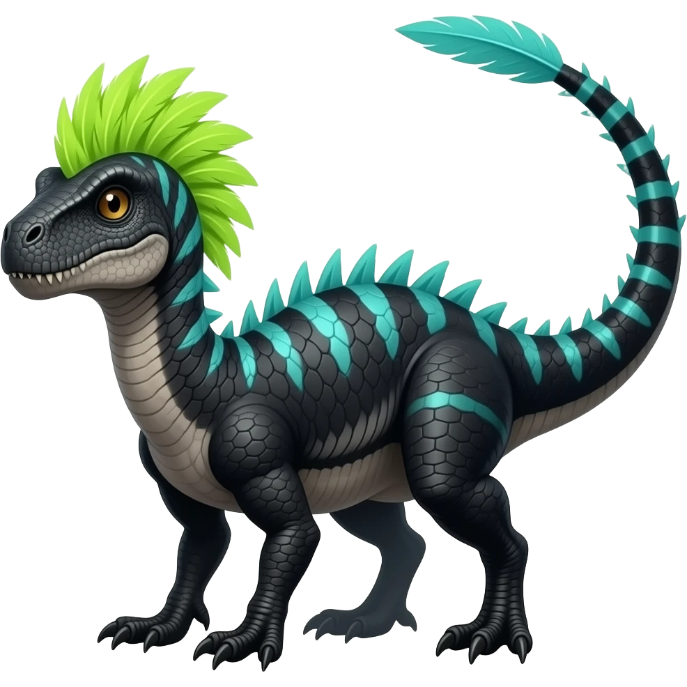 Cool edgy ancient black-scaled with neon-turquoise stripe markings digitigrade bipedal vintage futuristic raptorik fantasy-Cyberpunk-Steampunk-Solarpunk-Genesect-Salamence-Cyclizar-Salazzle-Feraligatr-Fakémon-animal-hybrid, with neon feather-mane, and a tail blade, back spikes, full body emoji
