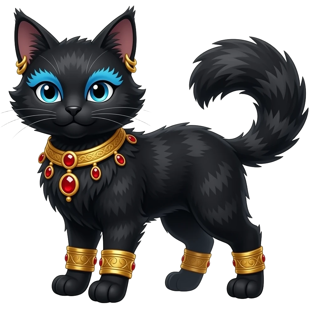 realistic furry fuzzy Black godly overpowered ethereal majestic oriental ancient Lykoi-Caracal-Cat-Fakemon. With gold bangles, red rubies, blue mascara emoji