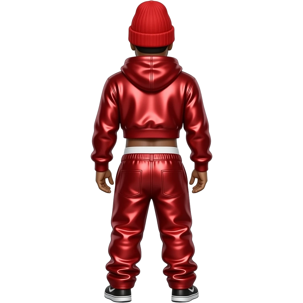 LL Cool J from behind with red metallic beanie, red metallic sweatshirt crop top, red metallic saggy pants with white undies emoji