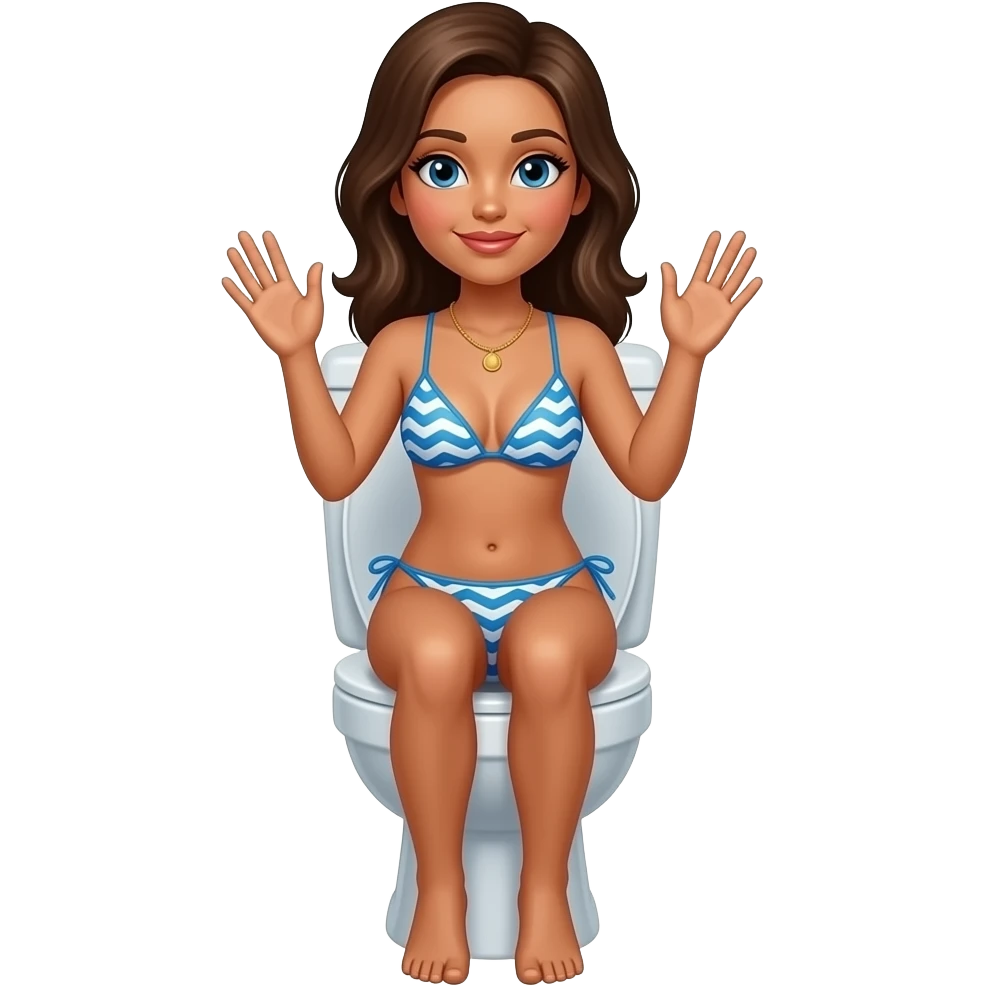Woman, in 2 piece swimsuit, wearing only top, on toilet, hands up emoji