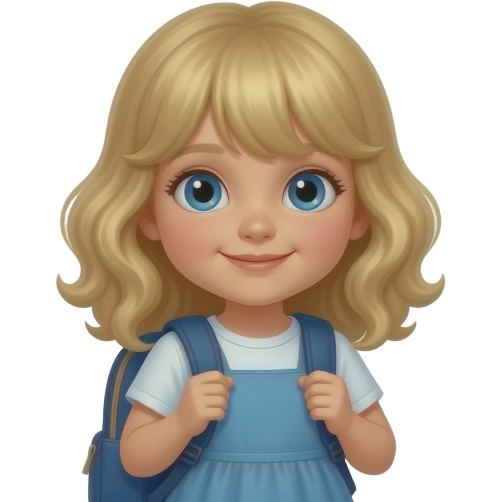 white kid blue eyes mid length with bangs soft curly hair to shoulders in color: middle to little darker blonde, in a dress, packing a back pack for school emoji