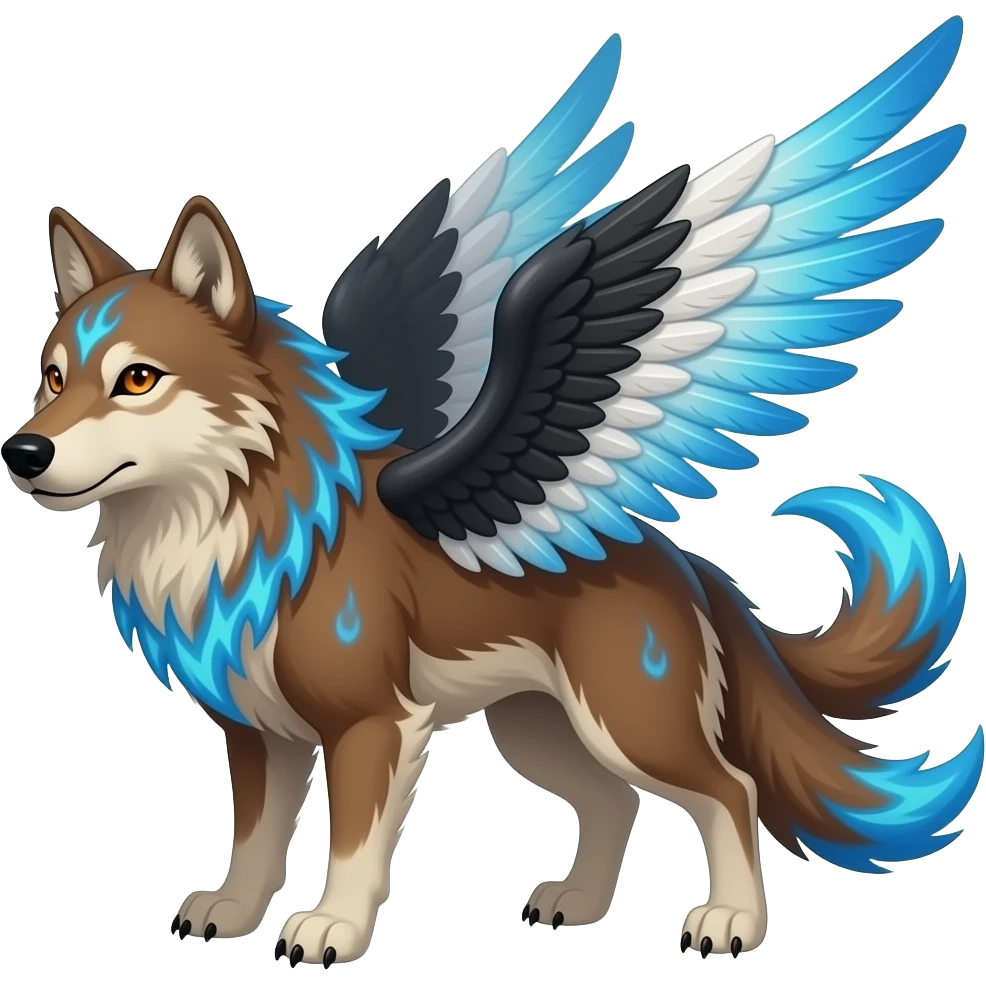 A large russet brown wolf with orange eyes with a blue swirl, black white and blue wings, blue flames in the fur and THREE tails emoji