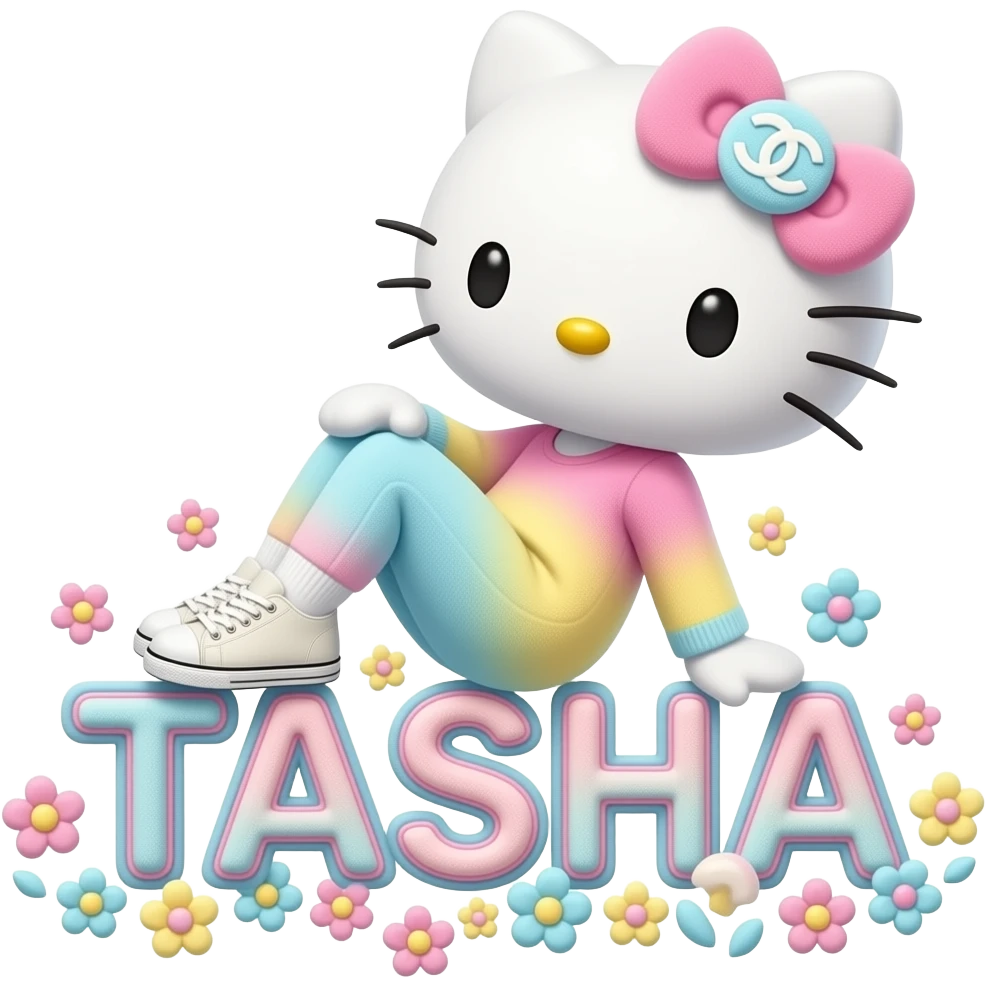 4D Velvety fur hello kitty wearing ombre white and blue and pink yellow ombre pastel colored leggings and sneakers, and with the Chanel symbol on her ombre pastel bow sitting sideways leaning back on top of the velvety 3D outlined letters TASHA surrounded with tiny ombre pastel flowers made of candy emoji