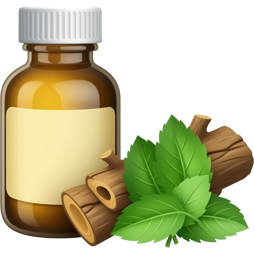 medicine bottle with tree bark and leaves nearby emoji