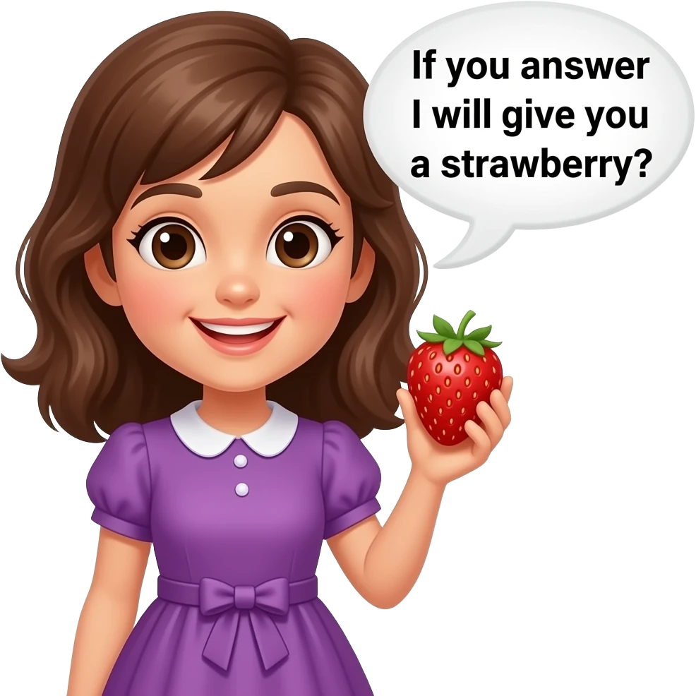 فتاة لابسة بنفسجي و ماسكة فراولة وتقول بالعربي اذا رديت اعطيك فراولة emoji