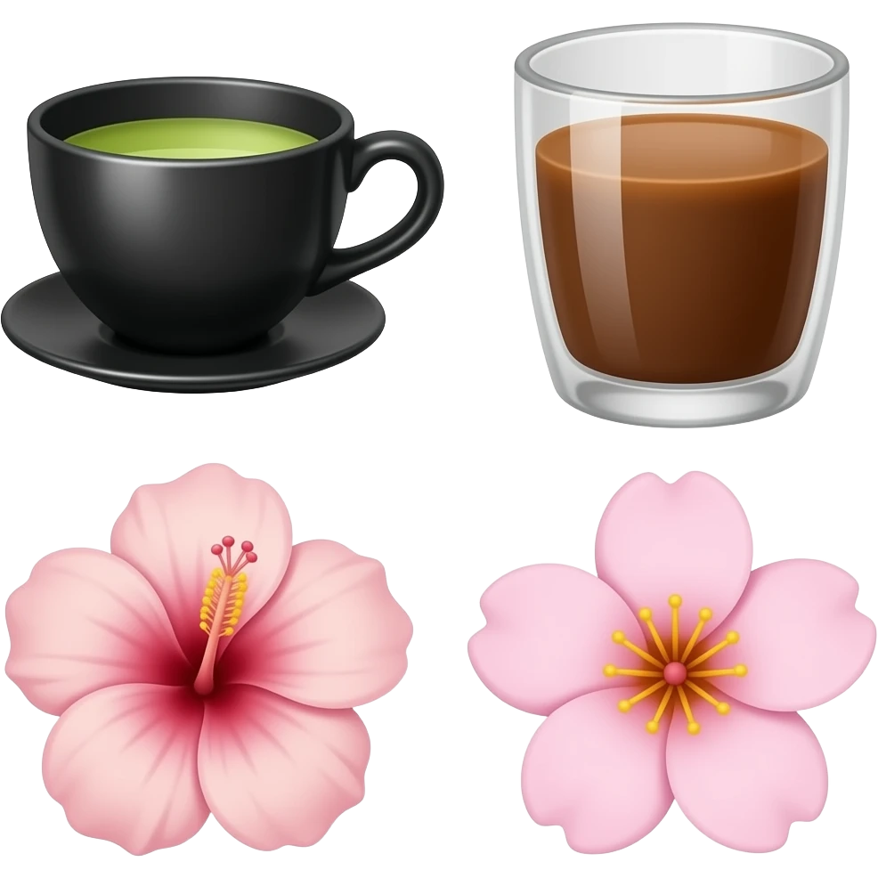 Сгенерируй эмодзи в стиле как на телеграмм. Эмодзи: 🍵☕💬💗🐑🌺🌸
Цвета: первый - кружка чёрная чай зеленый. Второй - прозрачный стакан, кофе черный.
Третий- цвет шалтфей, три точки молочные.
Четвертый- грязно розовый
Овечка - поросячий розовый
Пятый - тот же самый
Шестой - молочный цветочки emoji