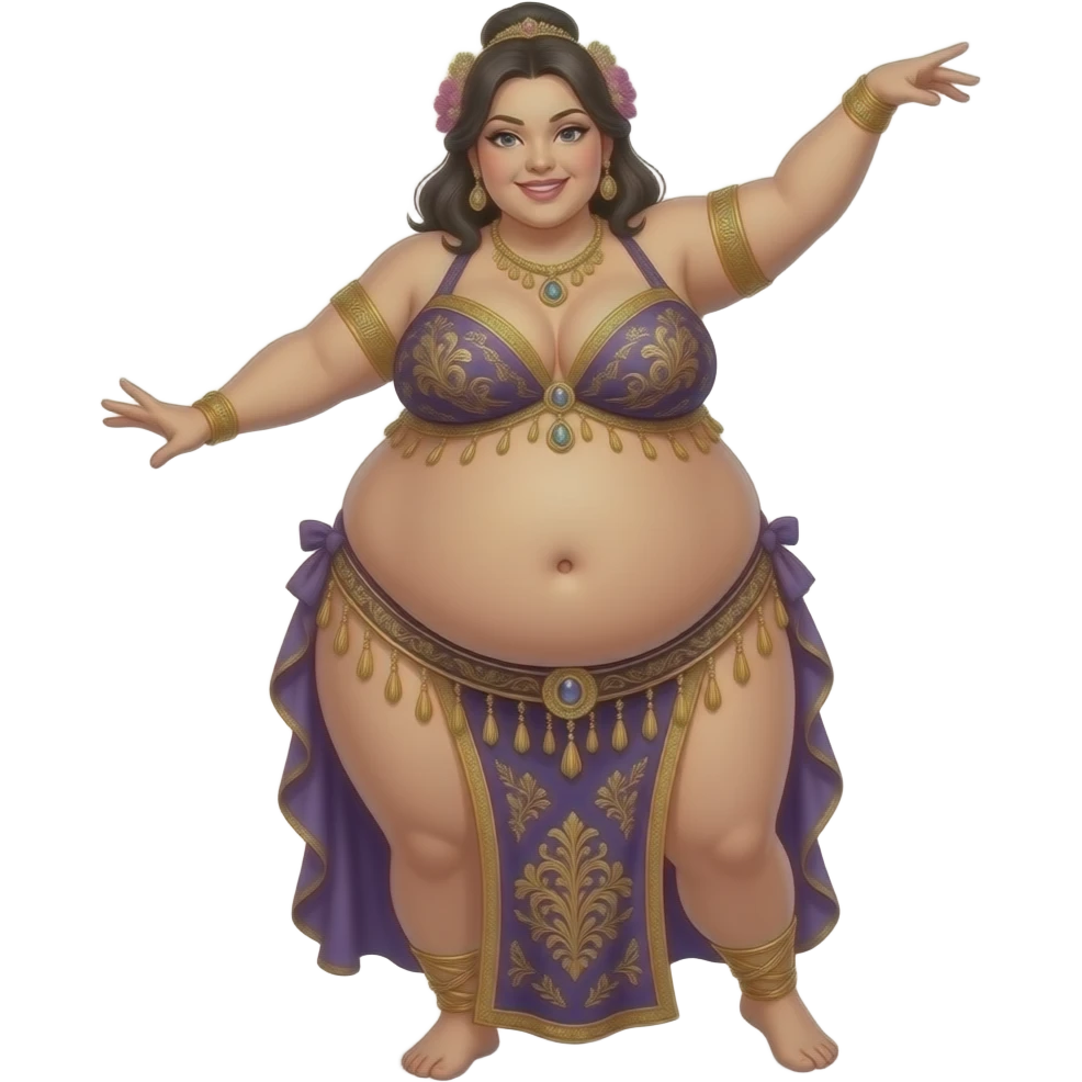 A female sumo warrior belly dancer,with a morbid obese midsection,her bellybutton peeps,her massive belly is bulging from being stuffed to the max after a luncheon buffet,She dances then her bouncy big tummy steals the spotlight. emoji