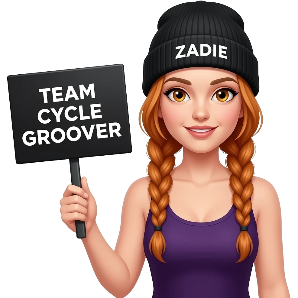 sexy girl with overlong ginger braids and ginger eyes wearing a dark purple tanktop and a black beanie with ZADIE written on it, is holding a black sign with TEAM CYCLE GROOVER written on it emoji