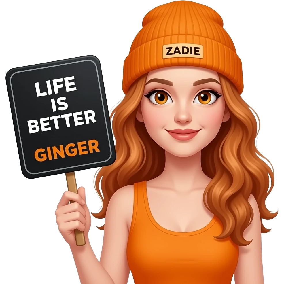 sexy girl with overlong wavy ginger hair and ginger eyes wearing a orange tanktop and a orange beanie with ZADIE written on it, is holding a black sign with LIFE IS BETTER with a GINGER written on it emoji
