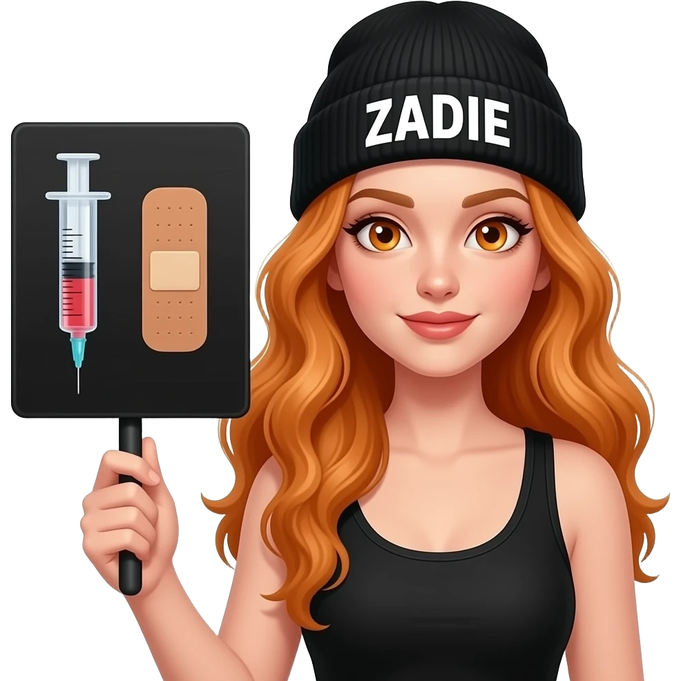 sexy girl with overlong wavy ginger hair and ginger eyes wearing a black tanktop and a black beanie with ZADIE written on it, is holding a black sign with 💉🩹 on it emoji