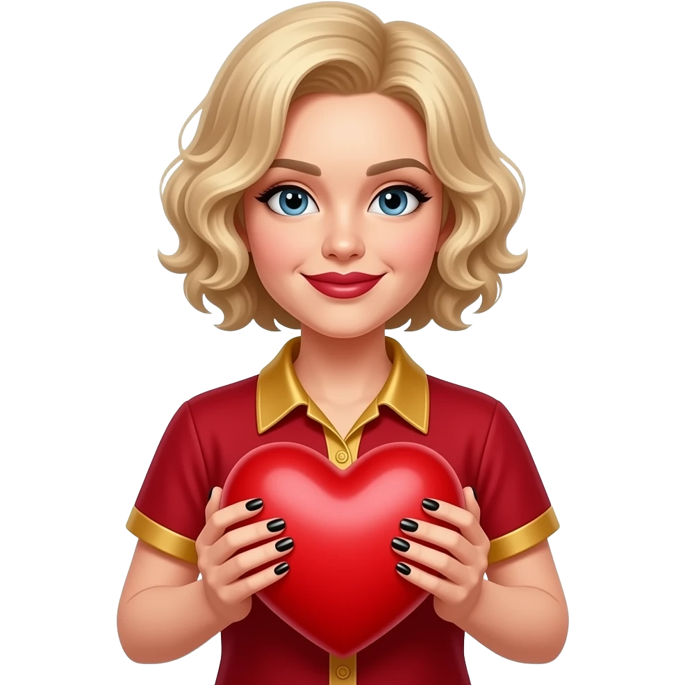 Short blond hair in curls holding a big red heart in with black nail polish and dark red lipstick, in a red and gold short sleeve shirt emoji
