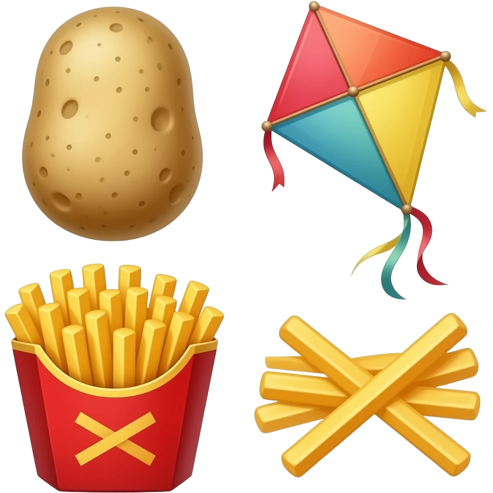 Emoji de Una papa 🥔,unas papas fritas 🍟, un papalote 🪁 en emoji emoji