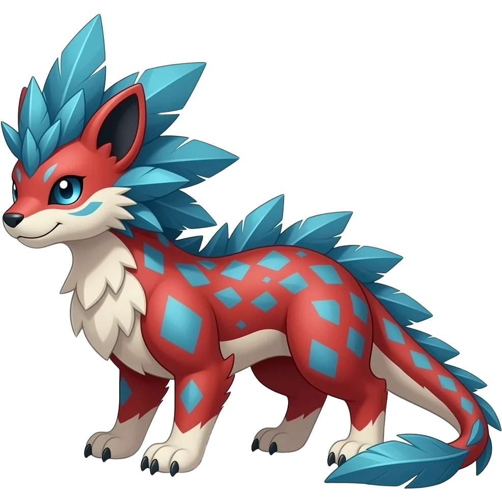 scaly shiny feather-maned spiky patterned tribal-patterned digitigrade quadrupedal Red and blue Vaporeon-Salandit-Glaceon-hybrid emoji