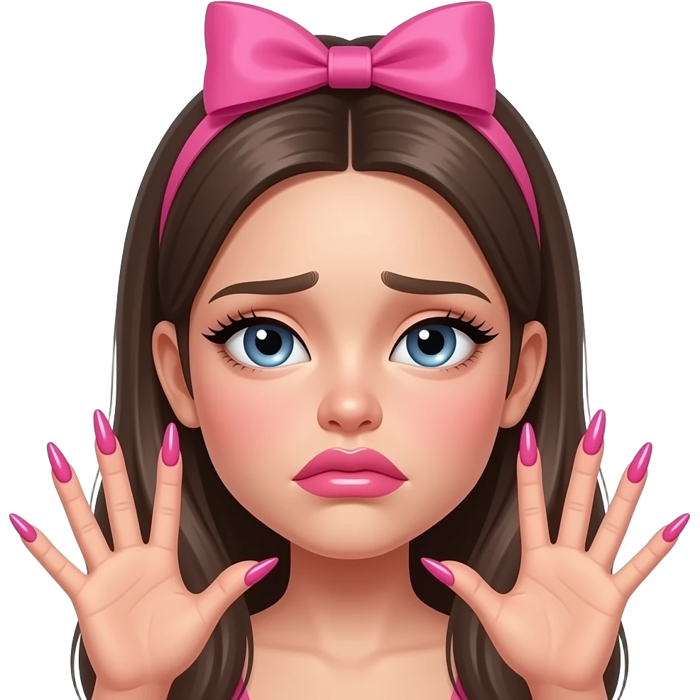 a baddie girl classic emoji; she has these eyes 😔, big glossy pink lips in a pursing motion, long, glossy pink nails held up by her face as if checking them, long lashes, a pink bow 🎀 on her head. She is not cring. she kind of has a neutral mouth expression emoji