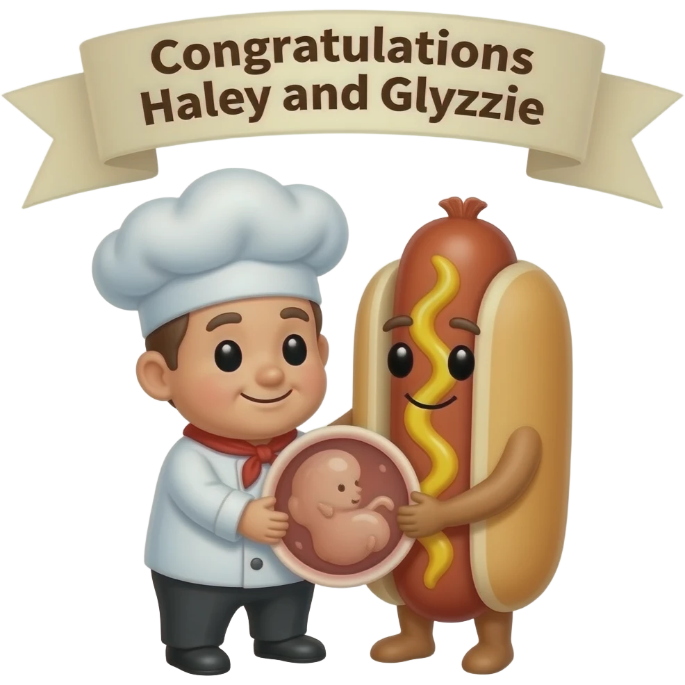 An anthropomorphic chef hat, and an anthropomorphic hot dog, in love, holding a sonogram, underneath a banner that says "Congratulations Haley and Glyzzie" emoji