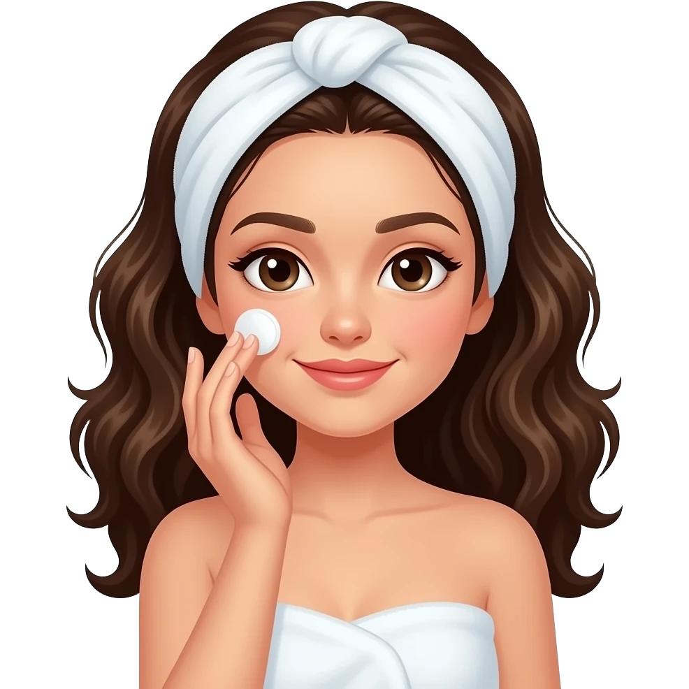 Menina ondulada cabelo castanho escuro  fazendo skincare com o cabelo enrolado em uma toalha emoji