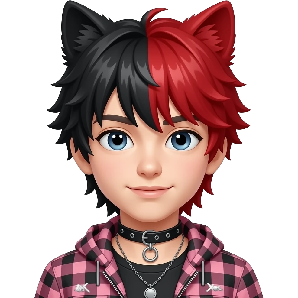 Androgynous feminine boy with choker. Long hair wolf cut with black top of head hair, and red back hair. So basically black strands in the front and the rest is red. Cute little face in femboy clothings emoji