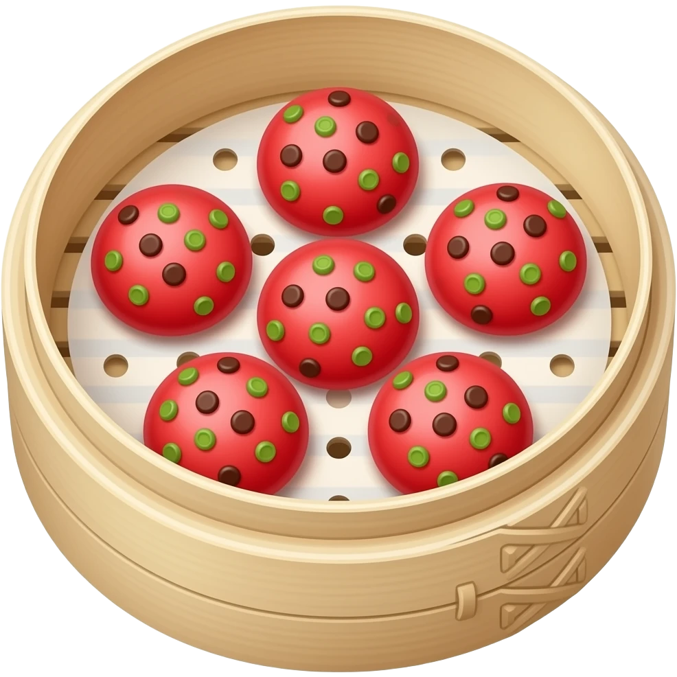 동글동글한,만두,빨간색,겉면에 작게 파가 박혀있는(초코칩쿠키처럼), 찜기에 담겨있는,만두6알,미니사이즈 emoji