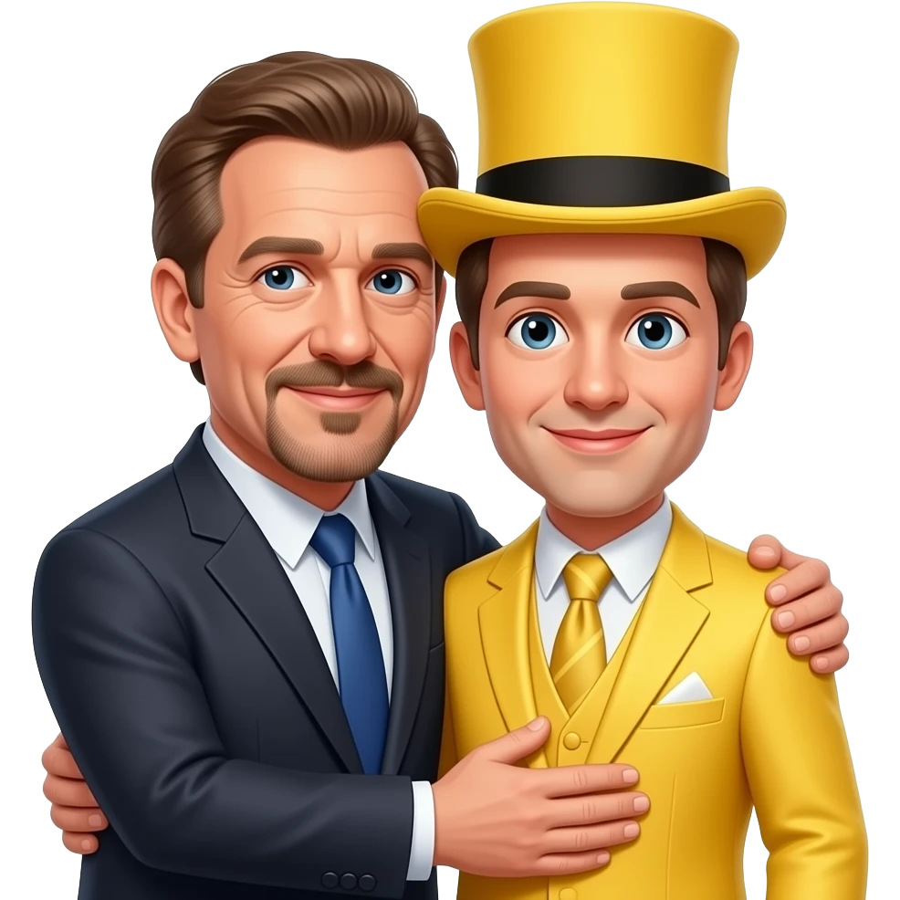 jeffrey epstien who also has a 5 oclock shadow hugging a stage magician in a yellow suit who is also wearing a yellow top hat emoji