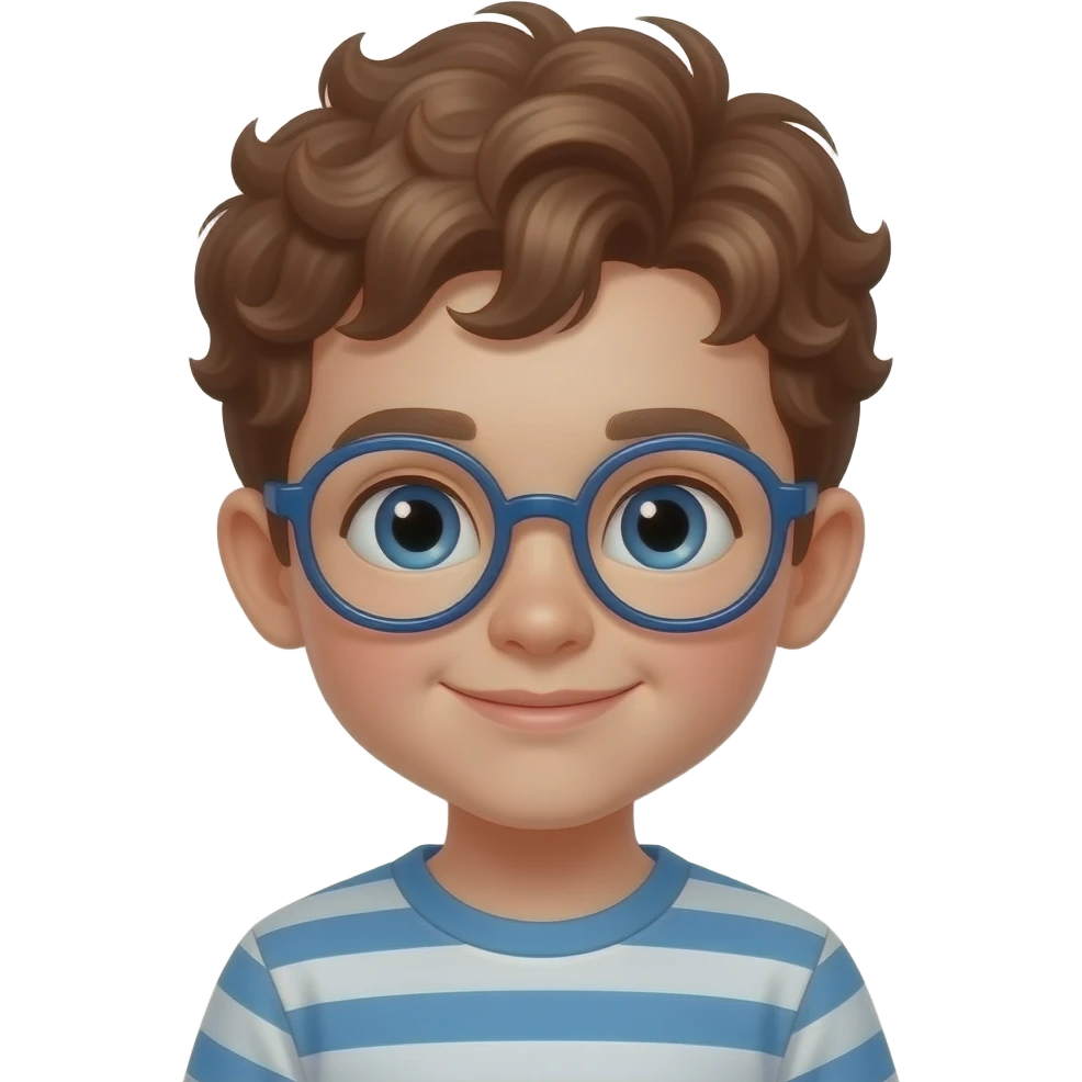 Round glasses Please make a very young looking cute Little boy 4 years old tight very tight curlswith tight curly brown auburn hair and dark blue little glasswes emoji