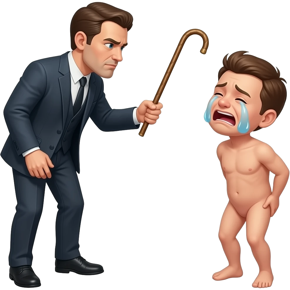 A serious clothed man with a thin whippy cane  threatening a loudly crying small naked man, who is clutching his bottom behind him, facing each other with full bodies shown n emoji