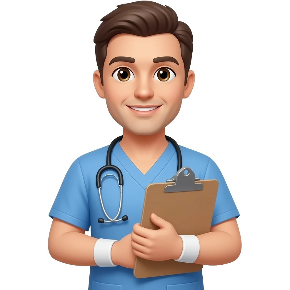 physical therapist in scrub top with band emoji