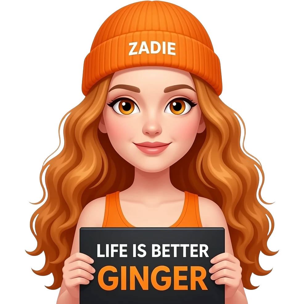 sexy girl with overlong wavy ginger hair and ginger eyes wearing a orange tanktop and a orange beanie with ZADIE written on it, is holding a black sign with LIFE IS BETTER with a GINGER written on it emoji