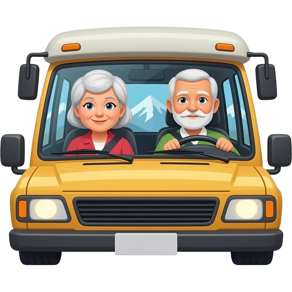tee emoji jossa vanhempi pariskunta matkustaa matkailuajoneuvolla vuoristossa. kuva auton sisältä emoji